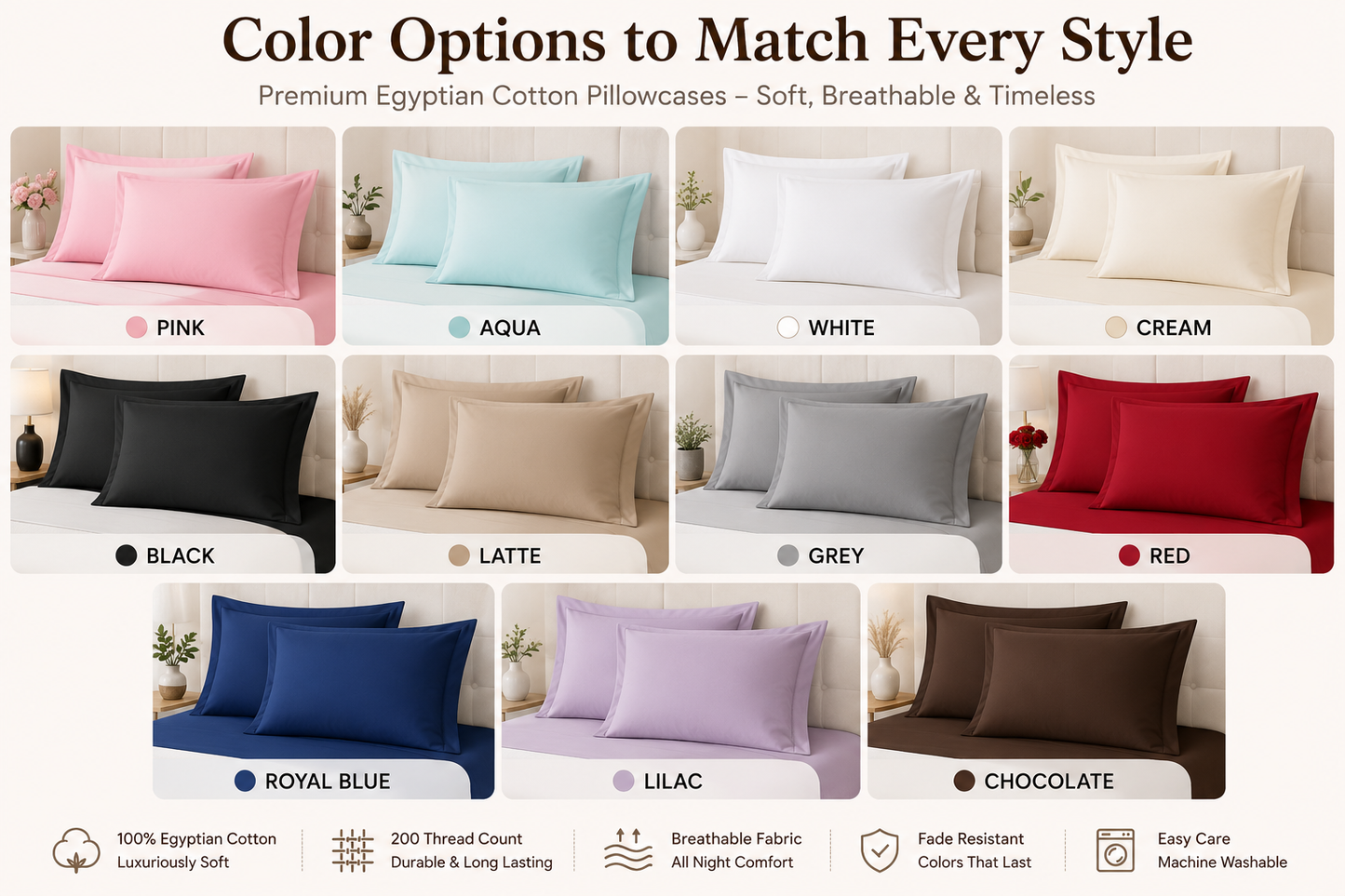 200 Thread Count Egyptian Cotton Pillowcases Pair – Hotel Quality Bedding | Night Zone
