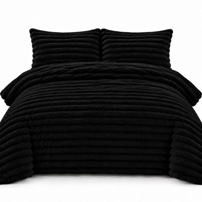 Night Zone Luxe Stripe Teddy Fleece Duvet Cover Set Super Soft Bedding