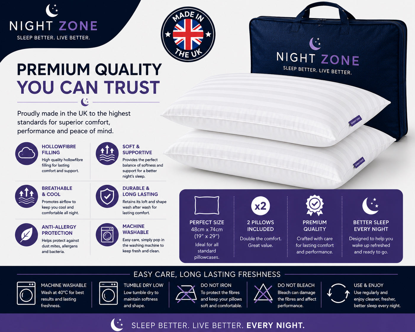Satin Stripe Pillows – Soft Hollow Fibre Hotel Quality Pillows | Night Zone