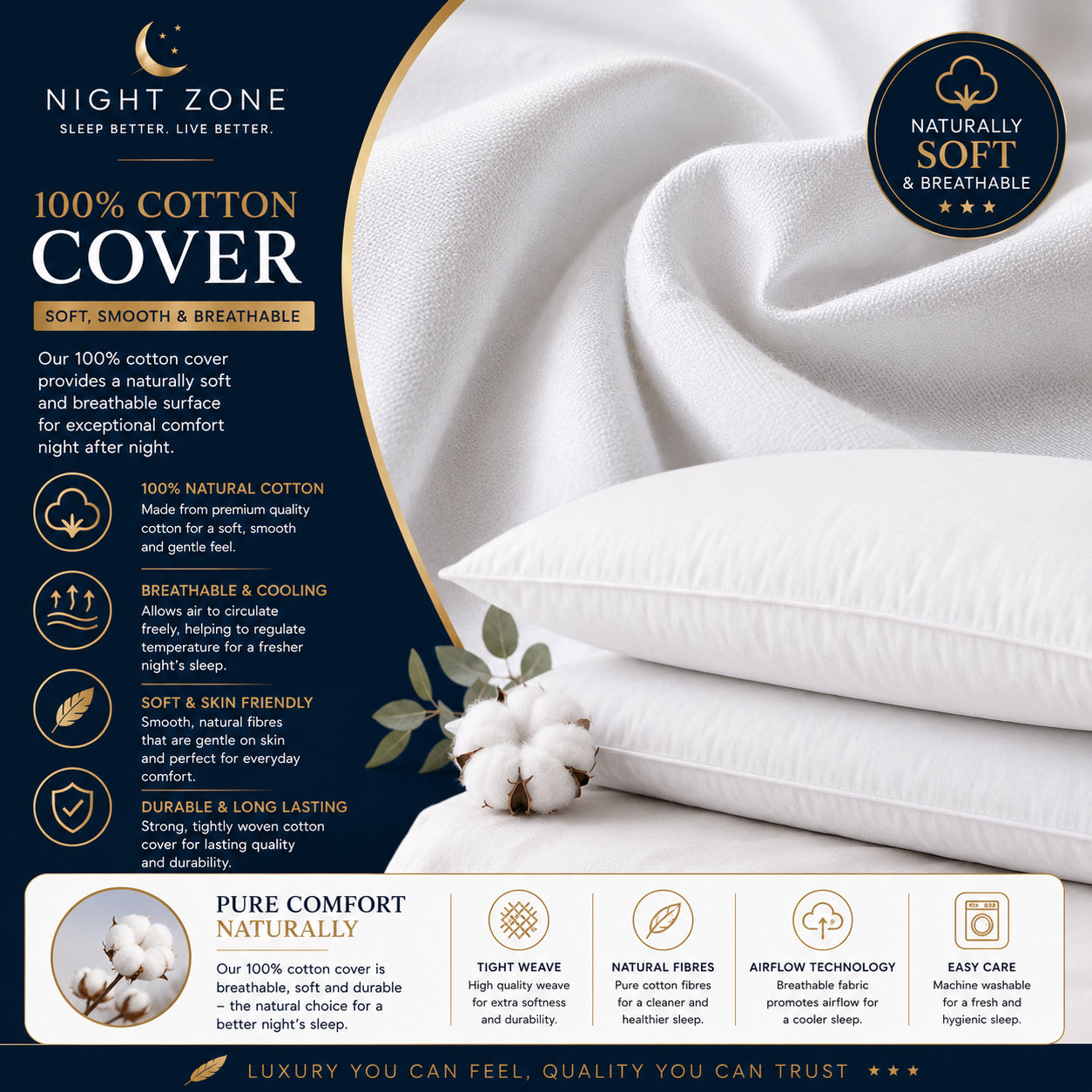Duck Feather & Down Pillows Pair – 85% Feather 15% Down Filling with 100% Cotton Cover | Night Zone