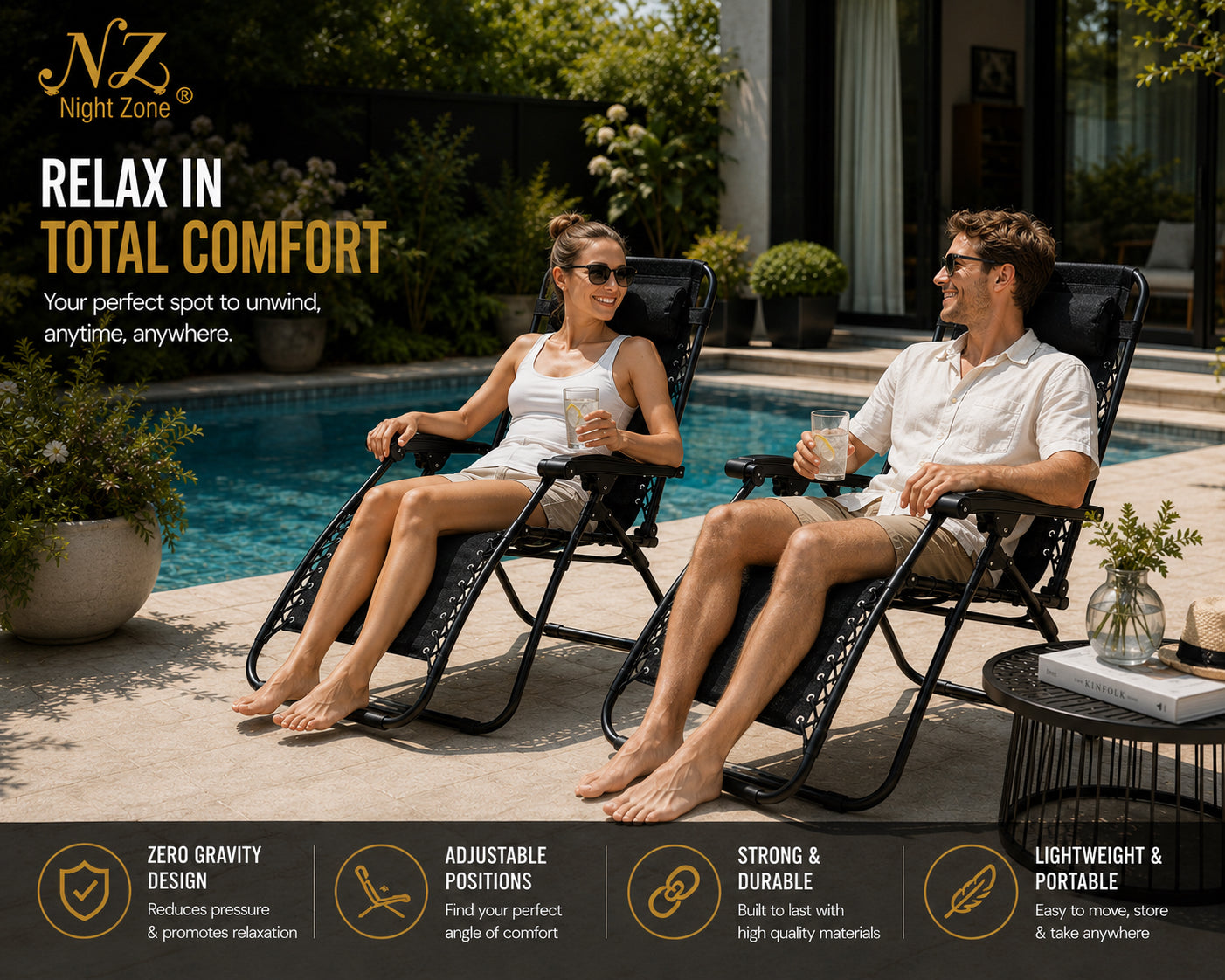 Zero Gravity Folding Sun Lounger Chair β Adjustable Reclining Garden Chair with Headrest | Night Zone