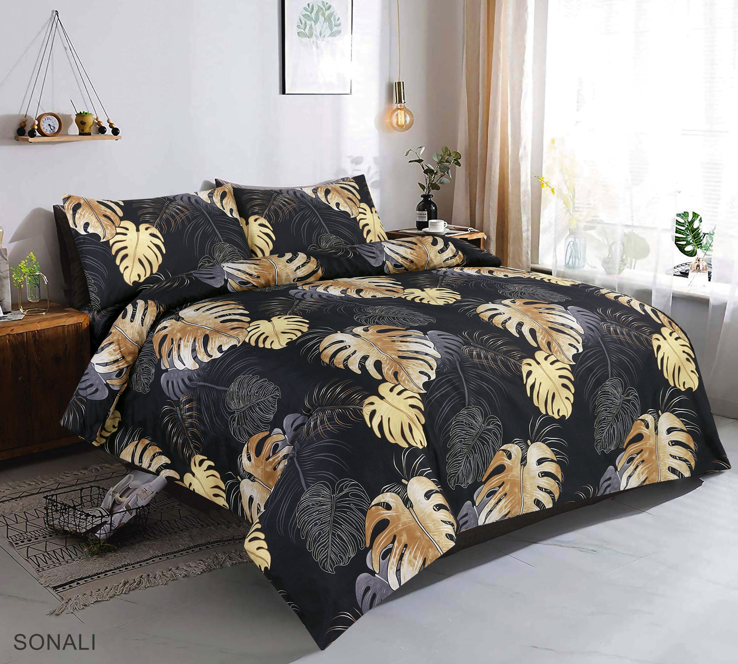 Sonali Black Tropical Leaf Microfibre Duvet Cover Set â Soft Easy Care Bedding | Night Zone