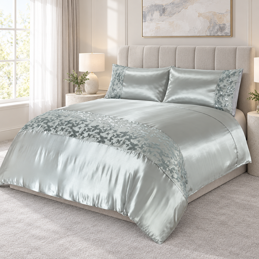 Silver Aisha embroidered butterfly duvet cover set