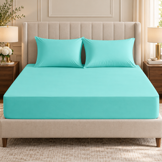 200 Thread Count Egyptian Cotton Extra Deep Fitted Sheet 40cm – Aqua in a luxury bedroom