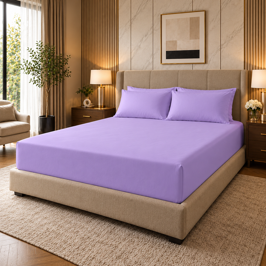 180 Thread Count Percale Extra Deep Fitted Sheet 40cm – Lilac in a luxury bedroom