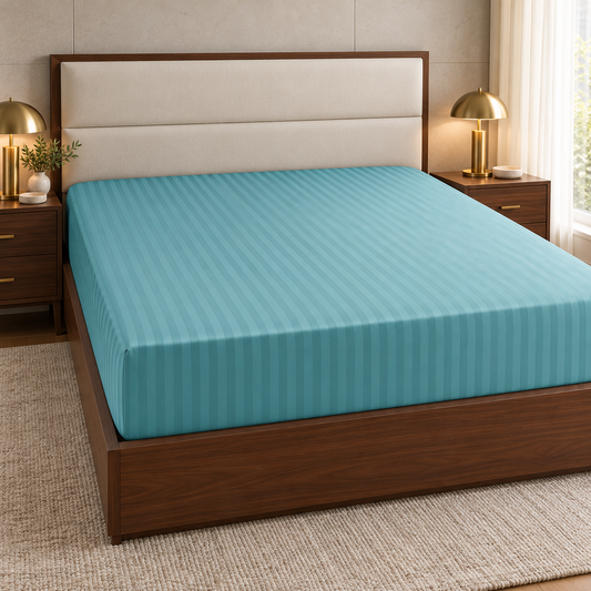 250 Thread Count Satin Stripe Extra Deep Fitted Sheet 30cm (12") – Aqua in a luxury bedroom