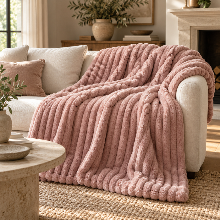 Blush ribbed throw draped over a cream sofa