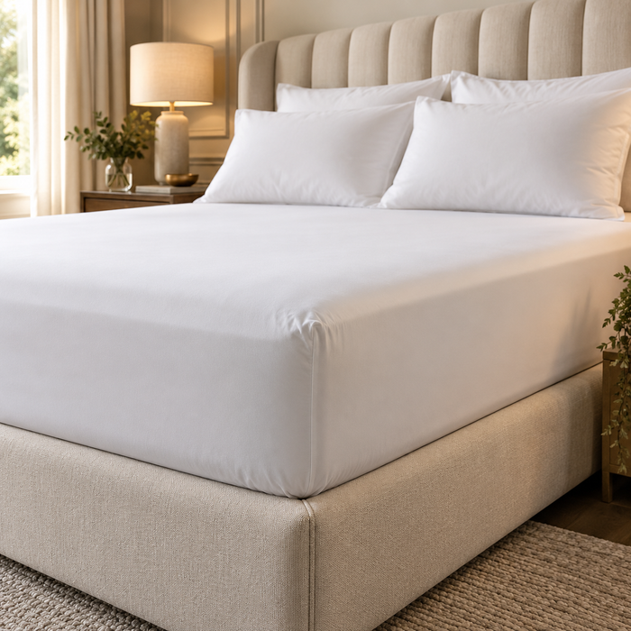 Luxury fitted sheet in a warm neutral bedroom