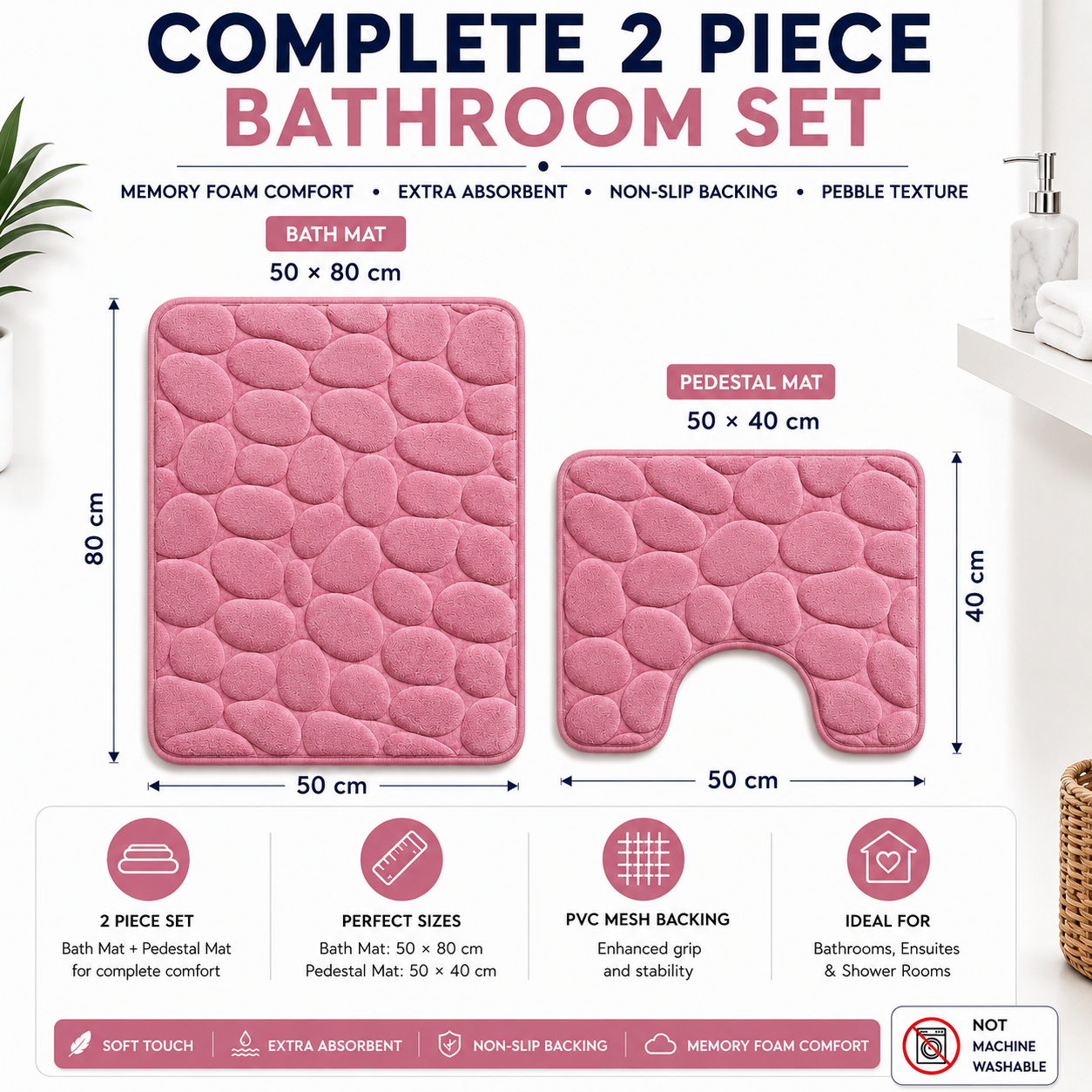 Pebble Stone Bath Mat Set – Soft Absorbent Non Slip Bathroom Rug Set | Night Zone