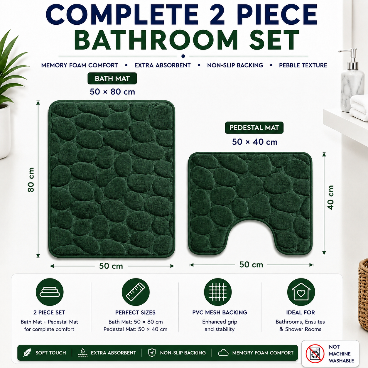 Pebble Stone Bath Mat Set – Soft Absorbent Non Slip Bathroom Rug Set | Night Zone