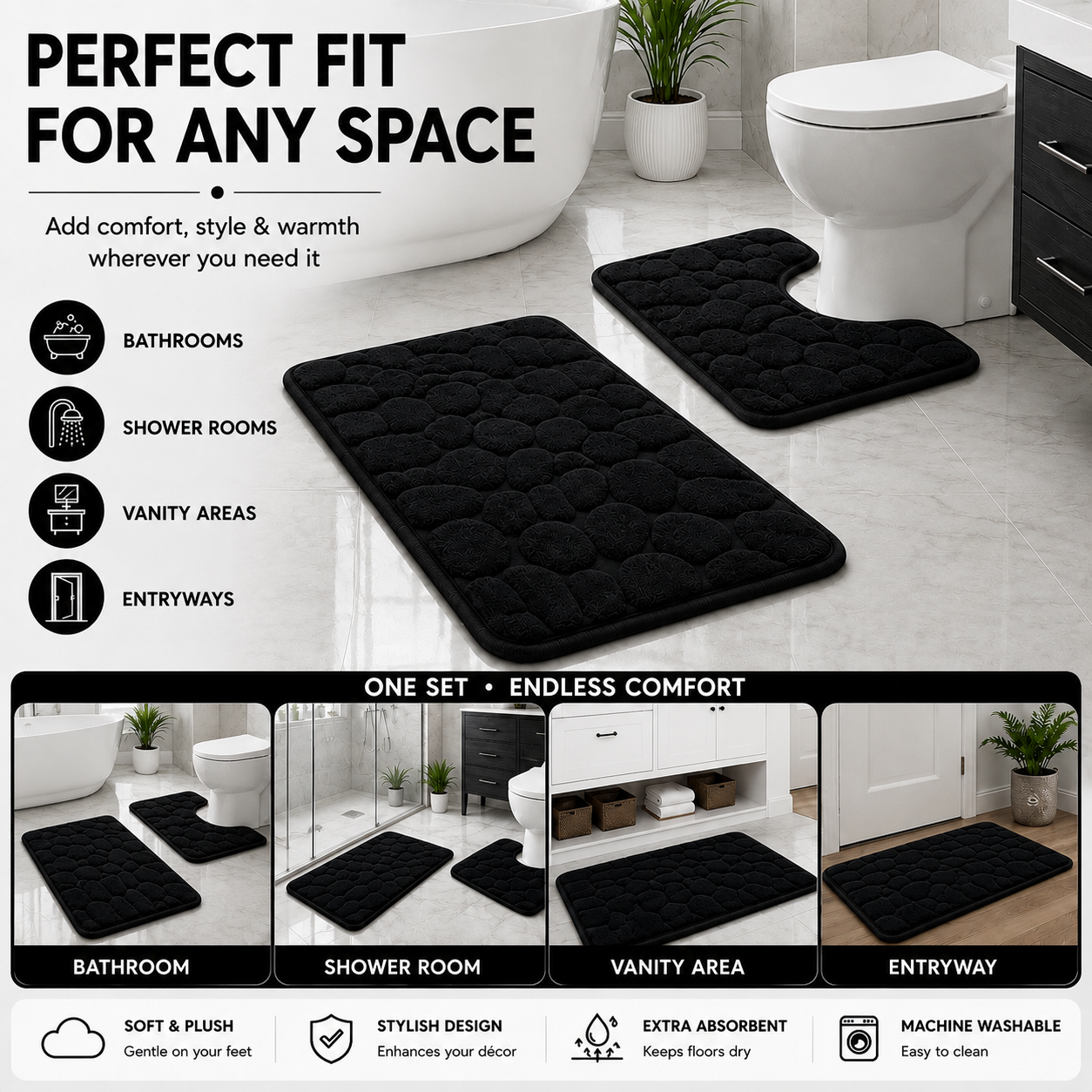 Pebble Stone Bath Mat Set – Soft Absorbent Non Slip Bathroom Rug Set | Night Zone