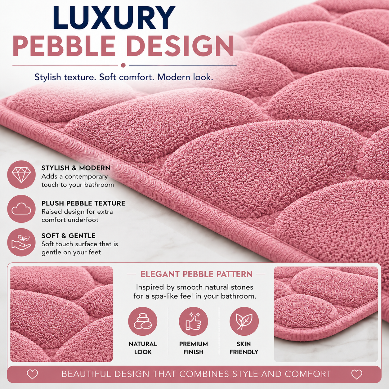 Pebble Stone Bath Mat Set – Soft Absorbent Non Slip Bathroom Rug Set | Night Zone