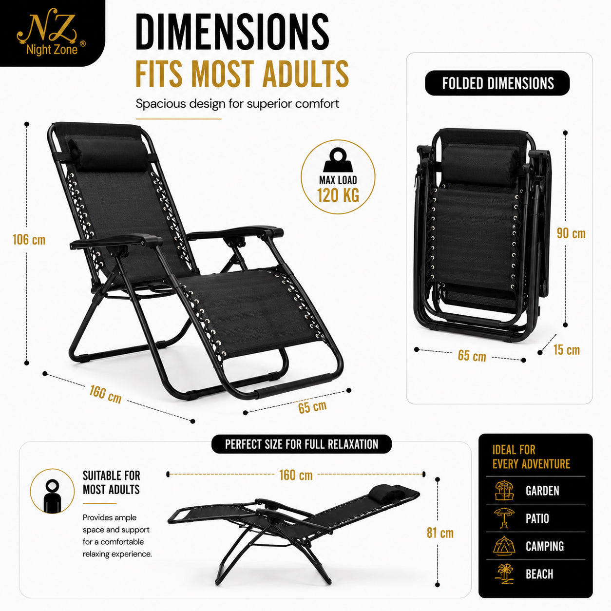 Zero Gravity Folding Sun Lounger Chair – Adjustable Reclining Garden Chair with Headrest | Night Zone