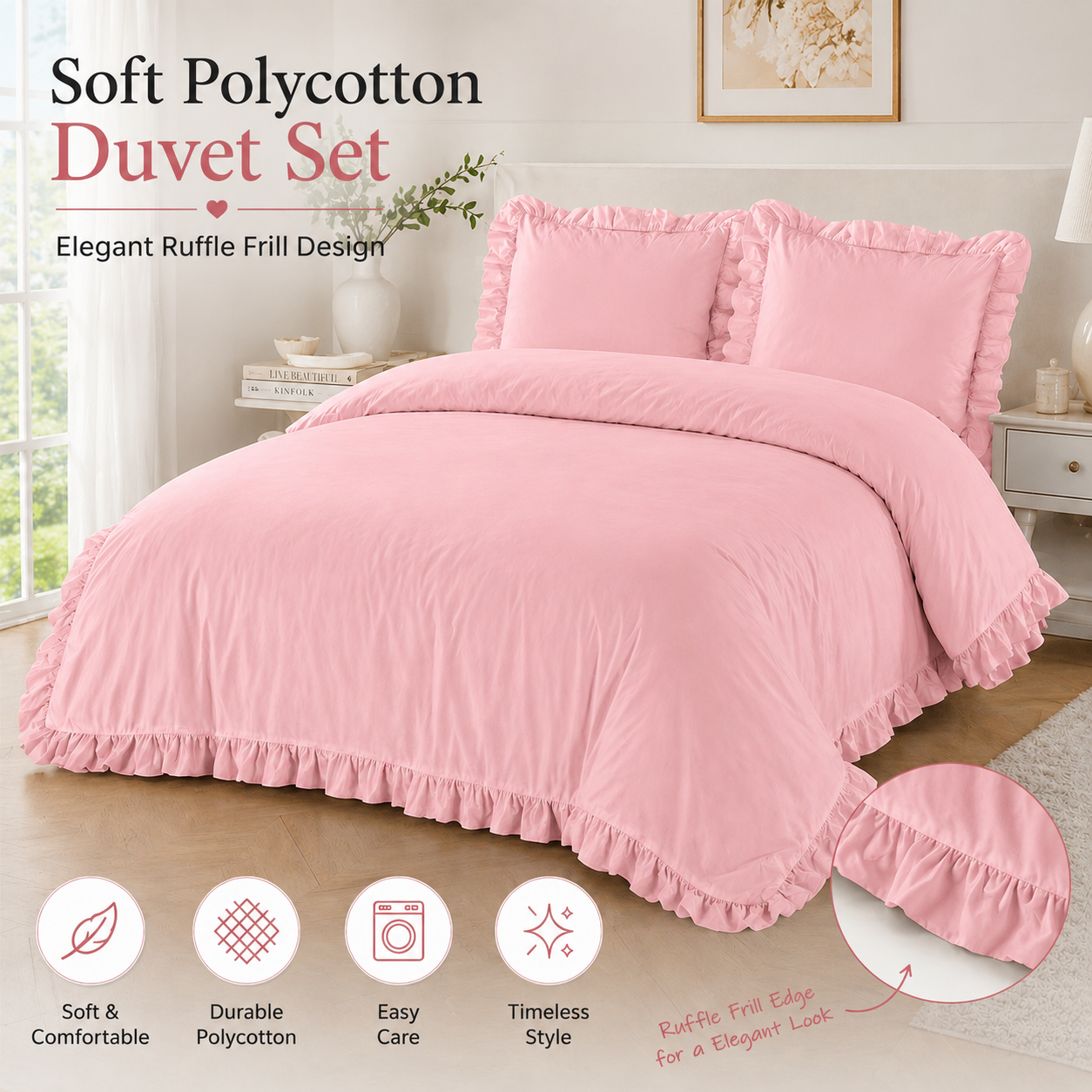 Santiago Frilled Polycotton Duvet Cover Set – Luxury Easy Care Bedding | Night Zone