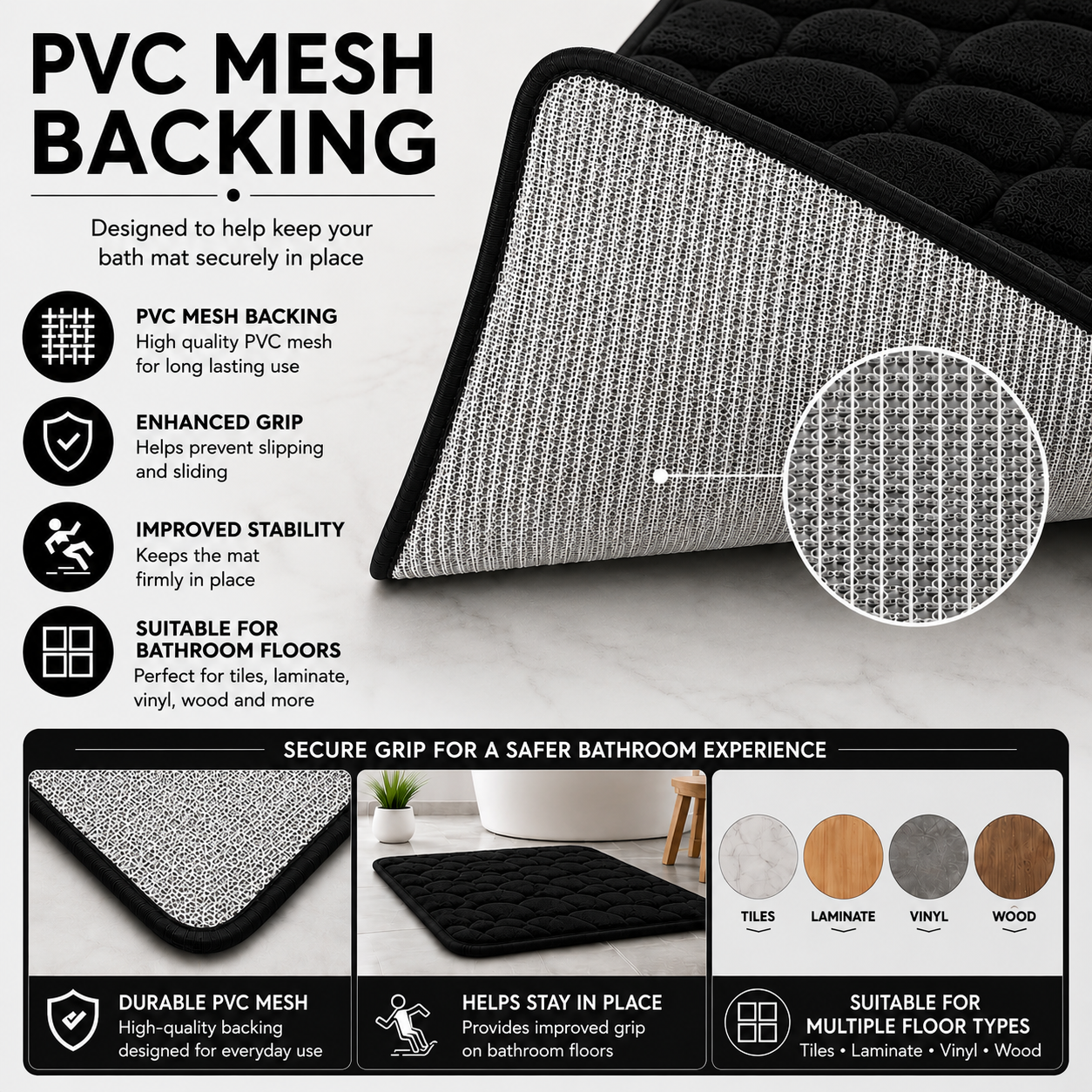 Pebble Stone Bath Mat Set – Soft Absorbent Non Slip Bathroom Rug Set | Night Zone