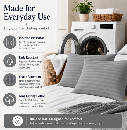 250 Thread Count Stripe Pillowcase Set – 100% Cotton Hotel Quality Bedding | Night Zone