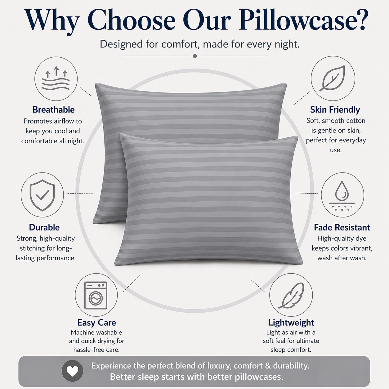 250 Thread Count Stripe Pillowcase Set – 100% Cotton Hotel Quality Bedding | Night Zone