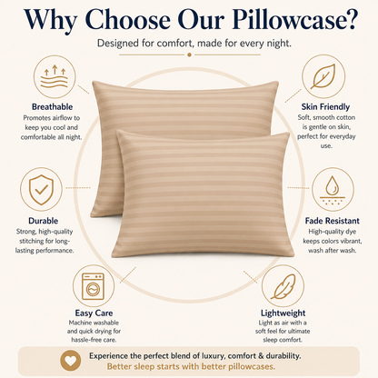 250 Thread Count Stripe Pillowcase Set – 100% Cotton Hotel Quality Bedding | Night Zone