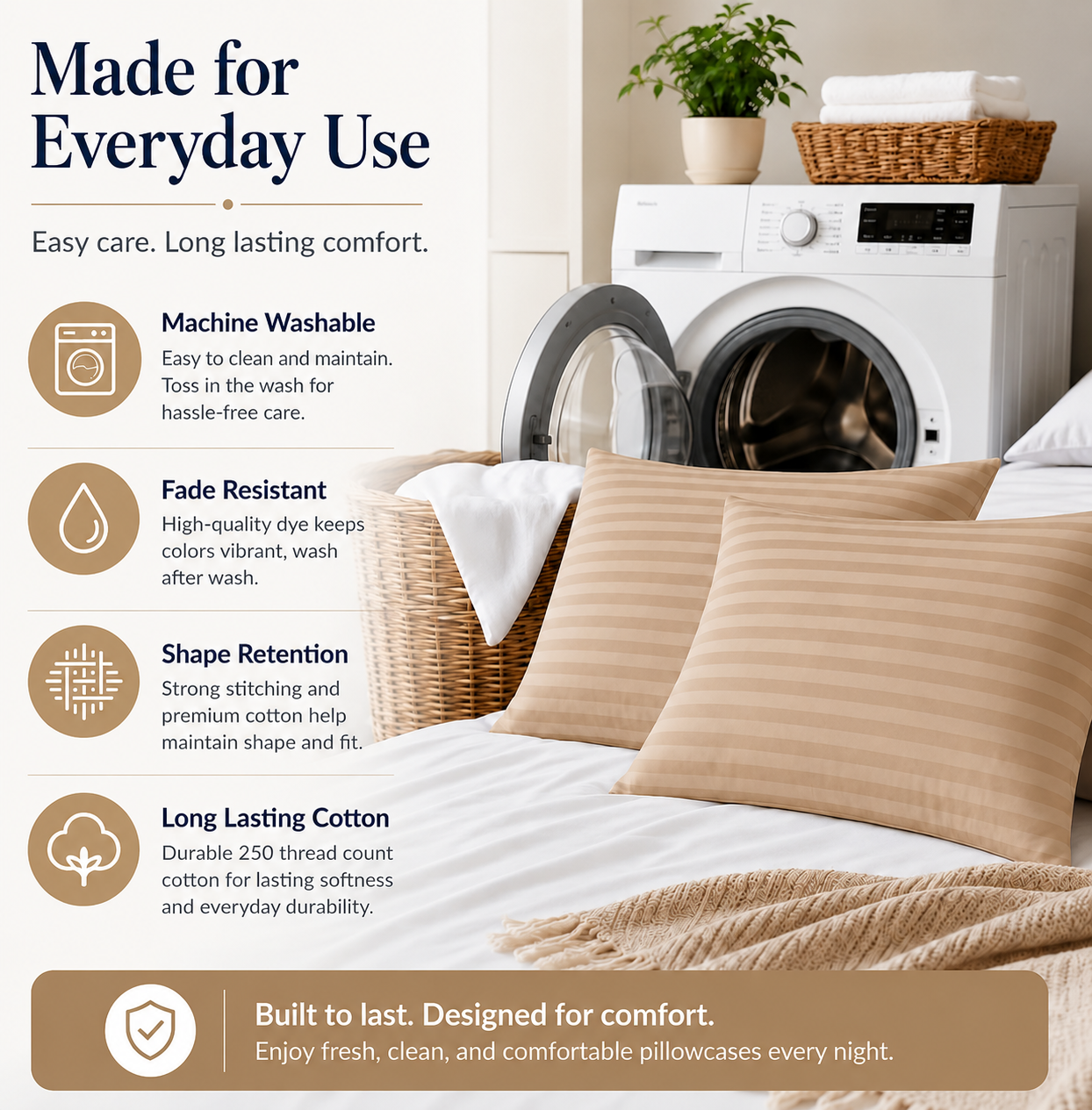 250 Thread Count Stripe Pillowcase Set – 100% Cotton Hotel Quality Bedding | Night Zone