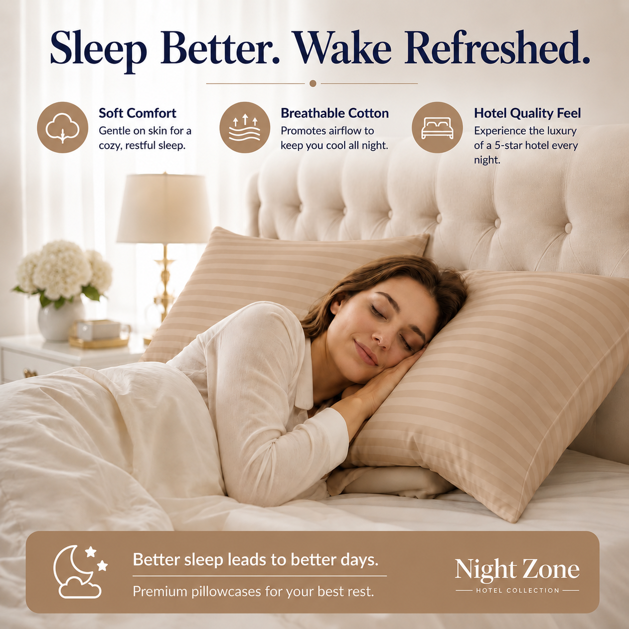 250 Thread Count Stripe Pillowcase Set – 100% Cotton Hotel Quality Bedding | Night Zone