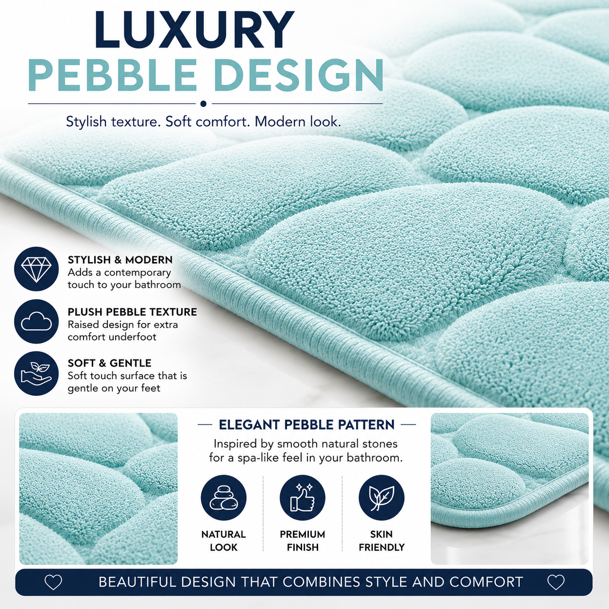 Pebble Stone Bath Mat Set – Soft Absorbent Non Slip Bathroom Rug Set | Night Zone
