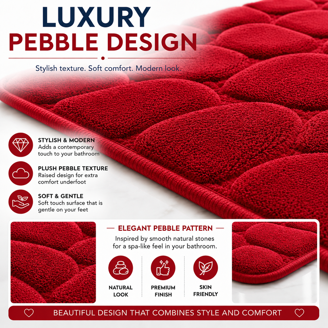 Pebble Stone Bath Mat Set – Soft Absorbent Non Slip Bathroom Rug Set | Night Zone