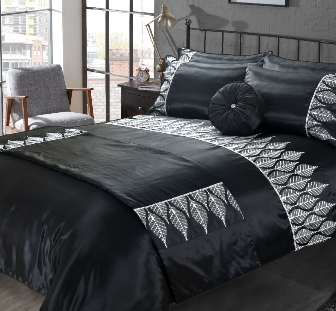 Mabel Black & Silver Sequin Leaf Microfibre Duvet Cover Set – Luxury Glam Bedding | Night Zone