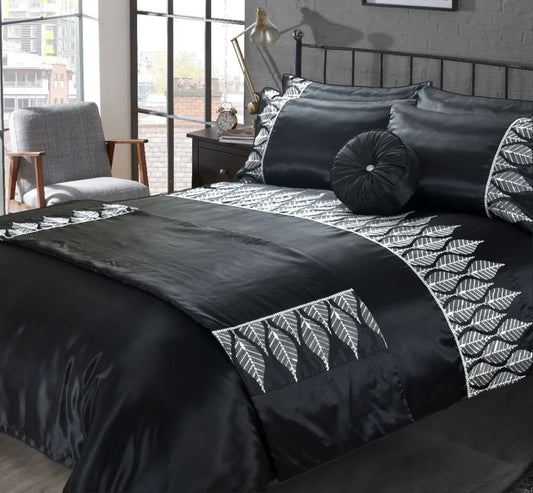 Mabel Black & Silver Sequin Leaf Microfibre Duvet Cover Set – Luxury Glam Bedding | Night Zone