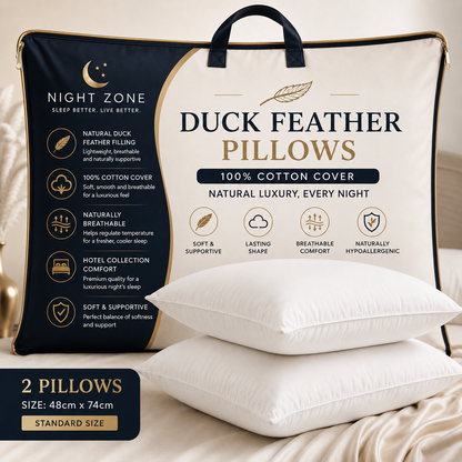 Duck Feather & Down Pillows Pair – 85% Feather 15% Down Filling with 100% Cotton Cover | Night Zone