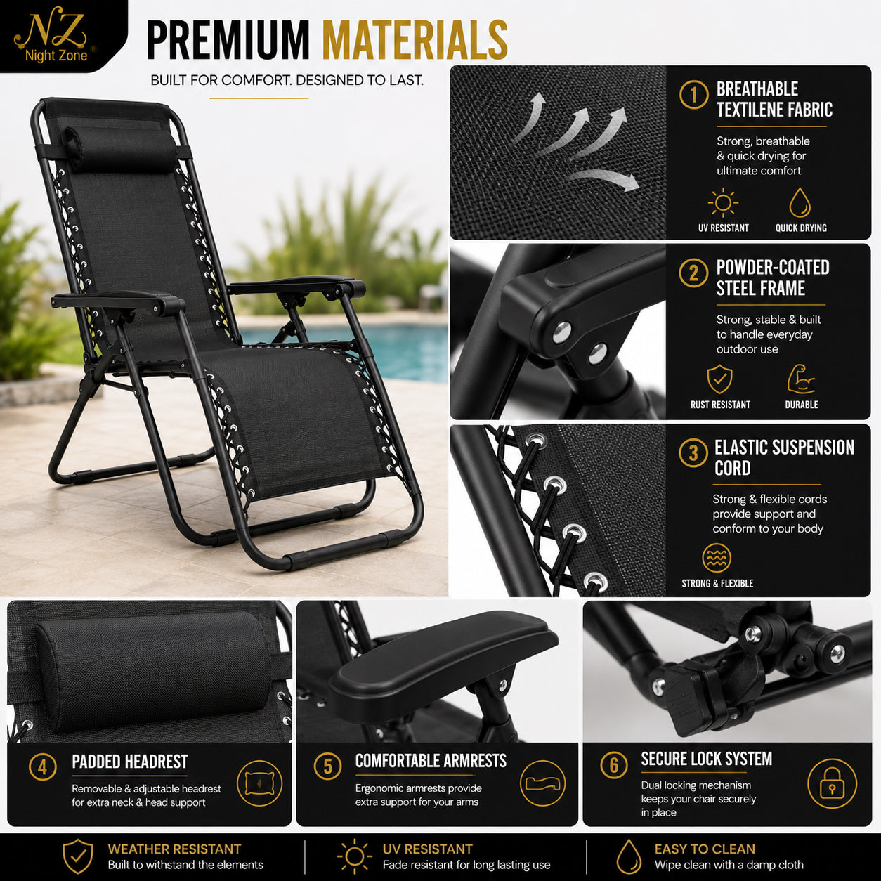 Zero Gravity Folding Sun Lounger Chair – Adjustable Reclining Garden Chair with Headrest | Night Zone