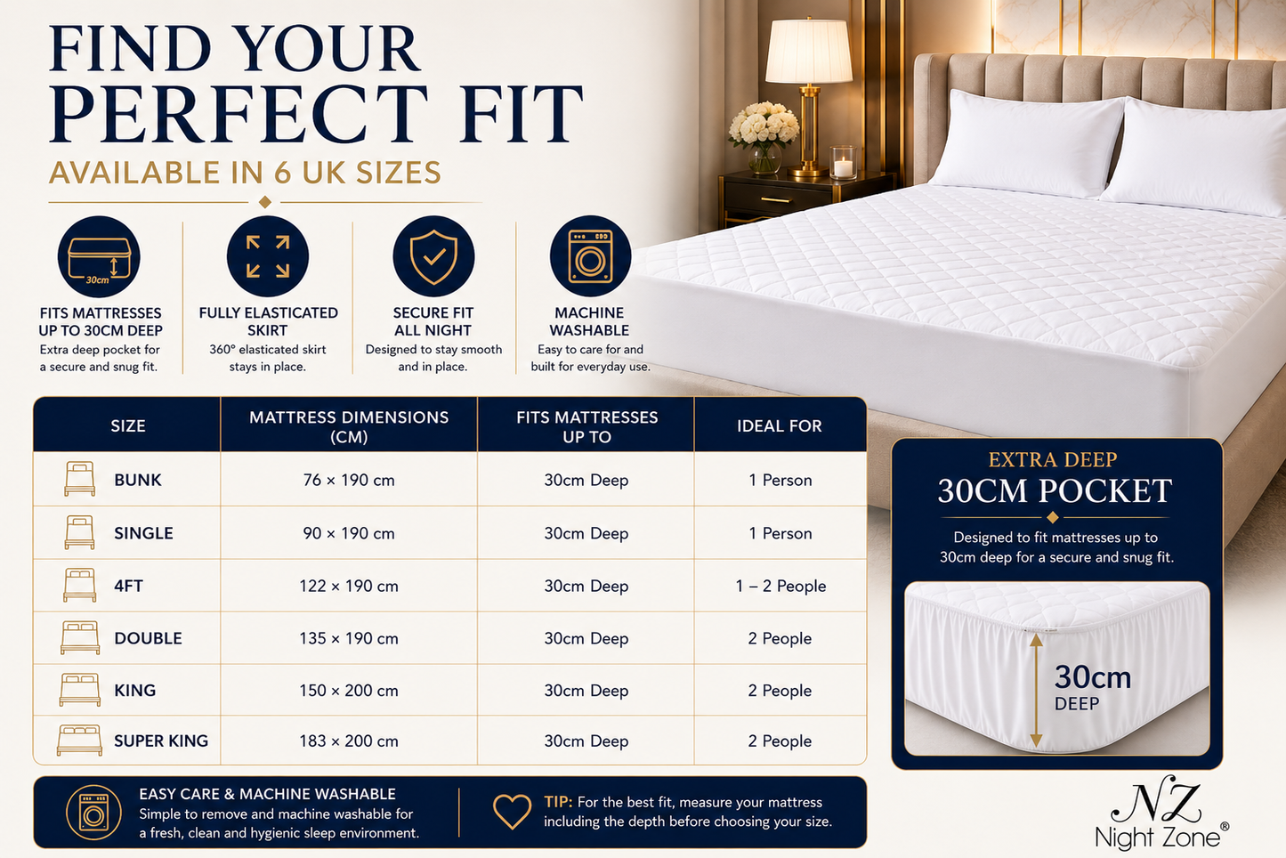 Microfiber Quilted Mattress Protector Extra Deep 30cm – Soft Breathable Mattress Cover | Night Zone