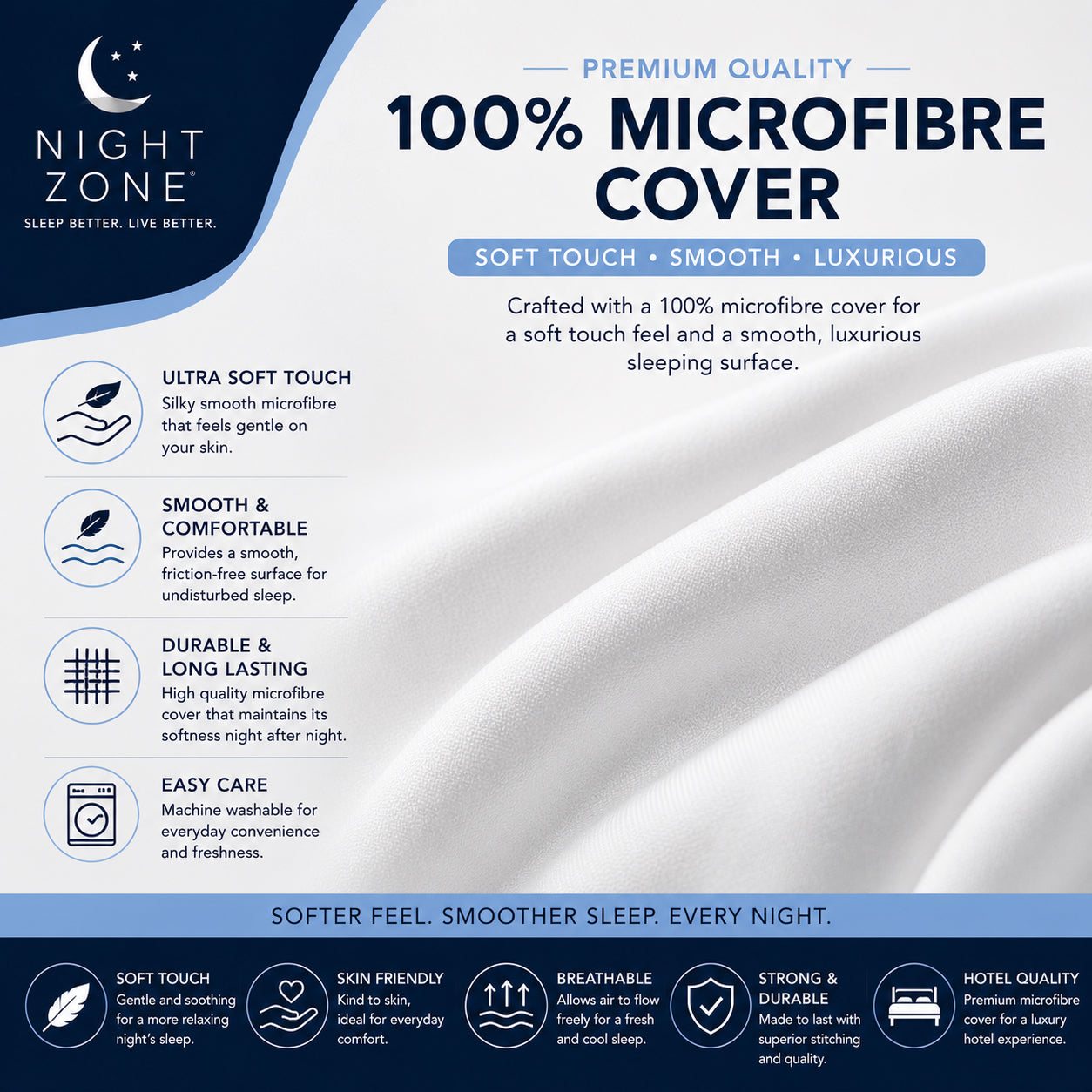 Duck Feather & Down Pillows Pair – 85% Feather 15% Down Filling with 100% Microfiber Cover | Night Zone