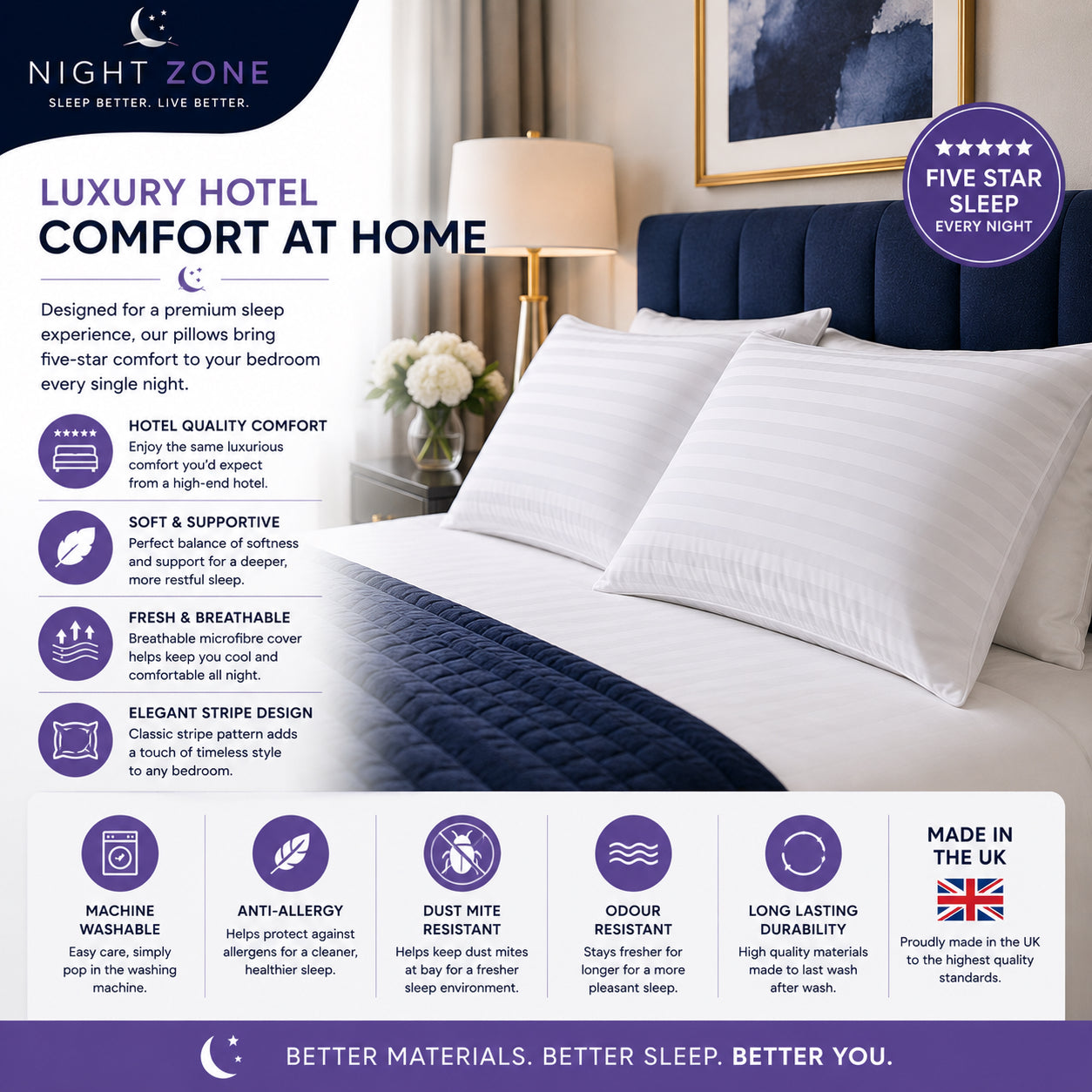Satin Stripe Pillows – Soft Hollow Fibre Hotel Quality Pillows | Night Zone