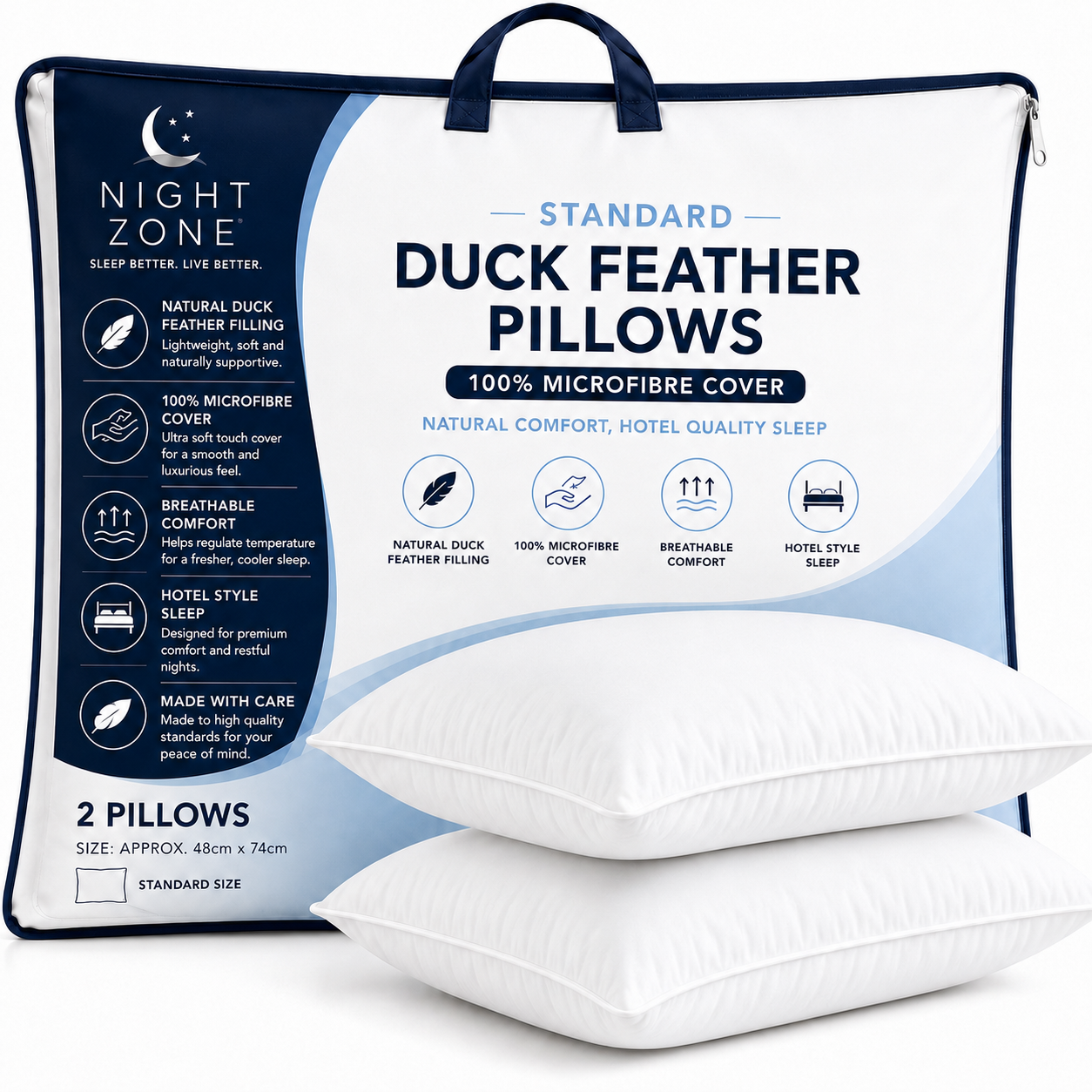 Duck Feather & Down Pillows Pair – 85% Feather 15% Down Filling with 100% Microfiber Cover | Night Zone