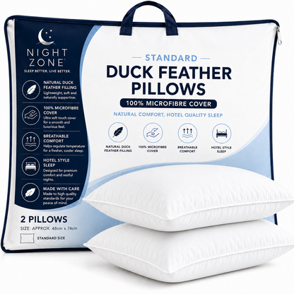 Duck Feather & Down Pillows Pair – 85% Feather 15% Down Filling with 100% Microfiber Cover | Night Zone