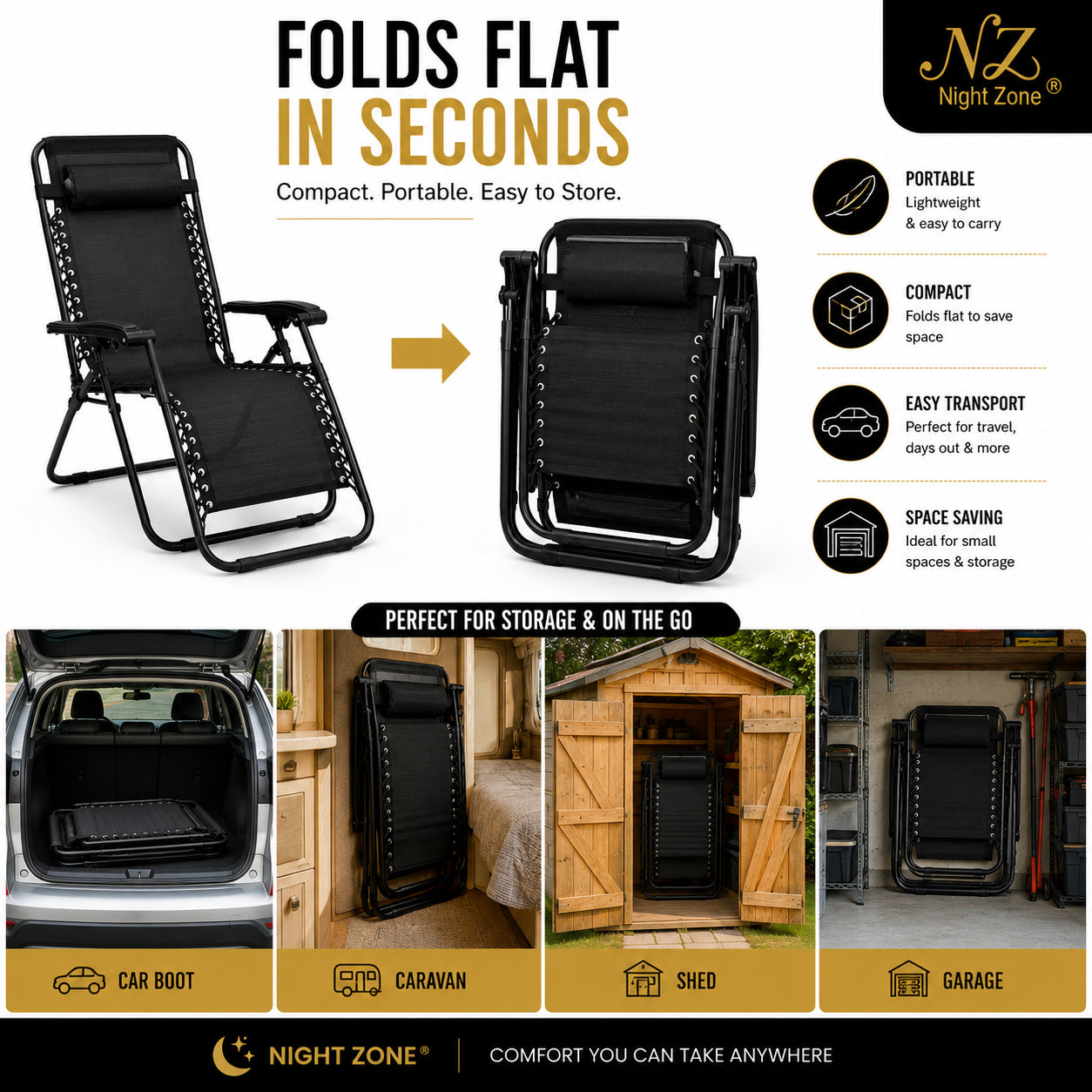 Zero Gravity Folding Sun Lounger Chair – Adjustable Reclining Garden Chair with Headrest | Night Zone