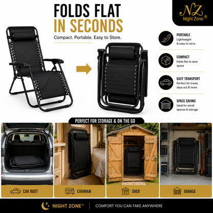 Zero Gravity Folding Sun Lounger Chair – Adjustable Reclining Garden Chair with Headrest | Night Zone