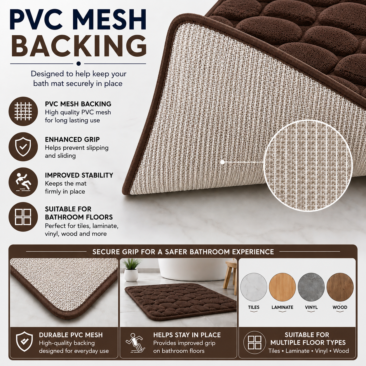 Pebble Stone Bath Mat Set – Soft Absorbent Non Slip Bathroom Rug Set | Night Zone