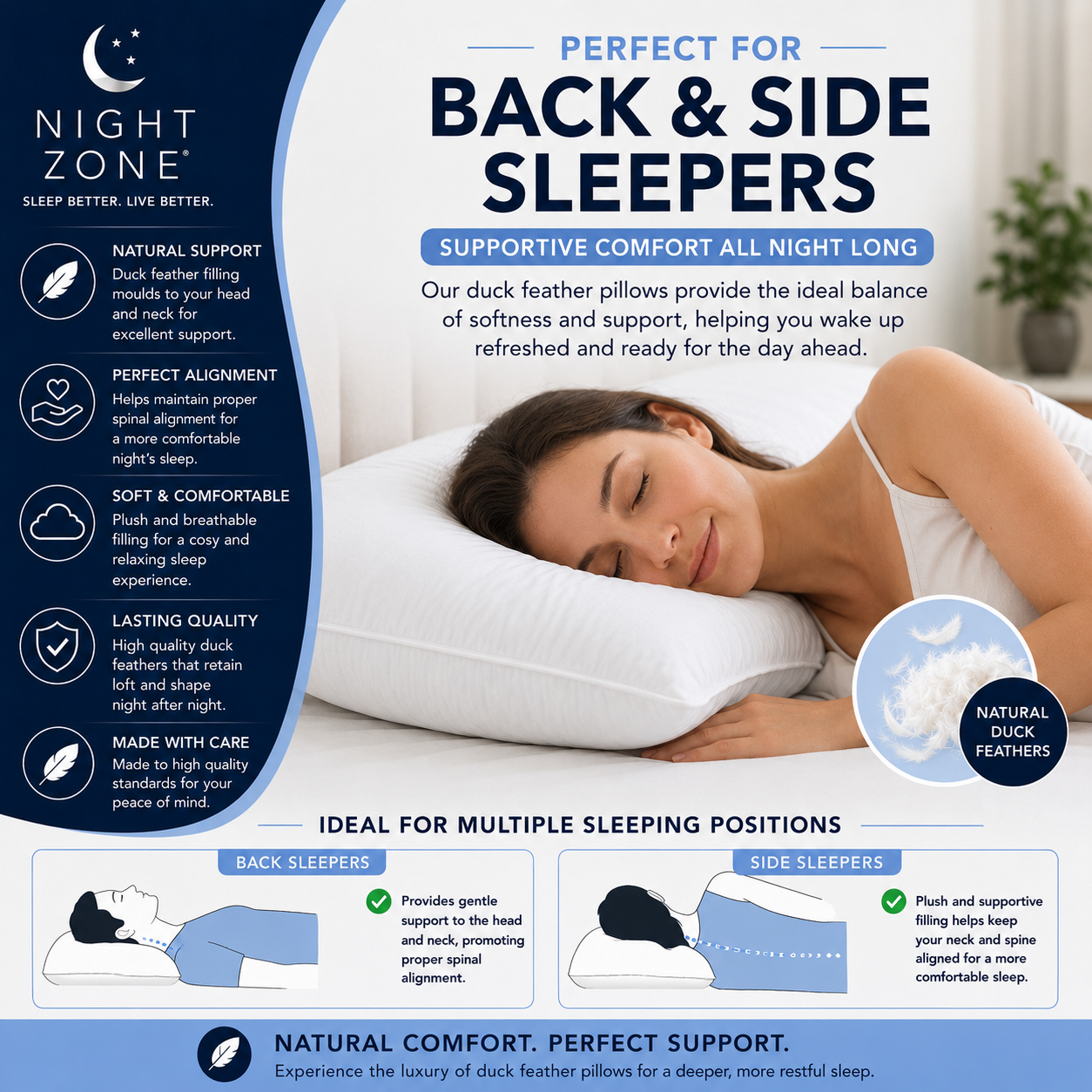Duck Feather & Down Pillows Pair – 85% Feather 15% Down Filling with 100% Microfiber Cover | Night Zone