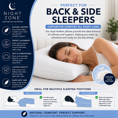 Duck Feather & Down Pillows Pair – 85% Feather 15% Down Filling with 100% Microfiber Cover | Night Zone