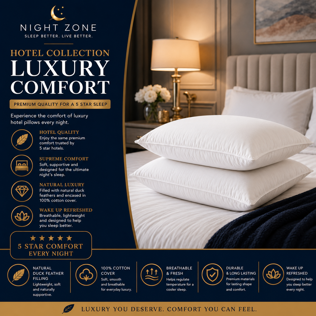 Duck Feather & Down Pillows Pair – 85% Feather 15% Down Filling with 100% Cotton Cover | Night Zone