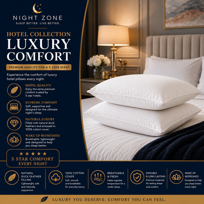Duck Feather & Down Pillows Pair – 85% Feather 15% Down Filling with 100% Cotton Cover | Night Zone