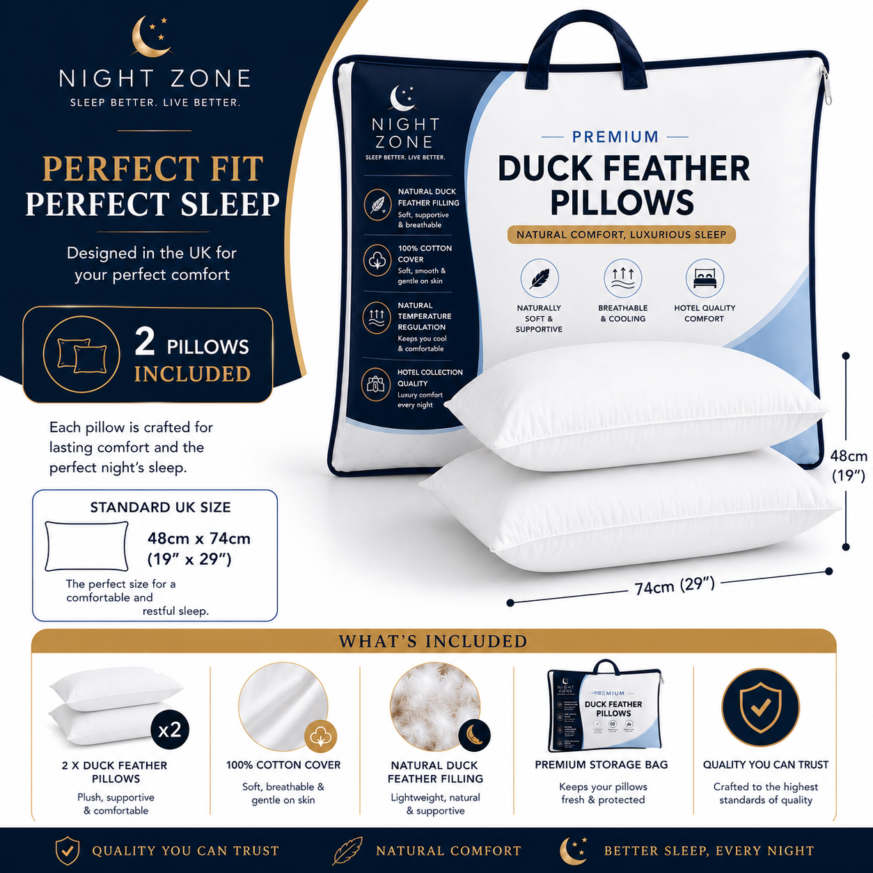 Duck Feather & Down Pillows Pair – 85% Feather 15% Down Filling with 100% Cotton Cover | Night Zone