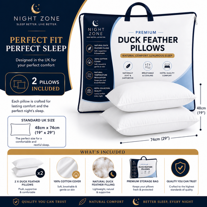 Duck Feather & Down Pillows Pair – 85% Feather 15% Down Filling with 100% Cotton Cover | Night Zone