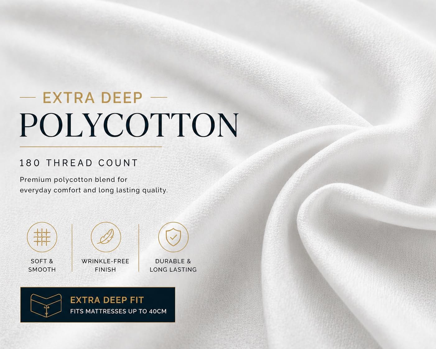 180 Thread Count Percale Extra Deep Fitted Sheet 40cm – Non Iron Polycotton Bedding | Night Zone