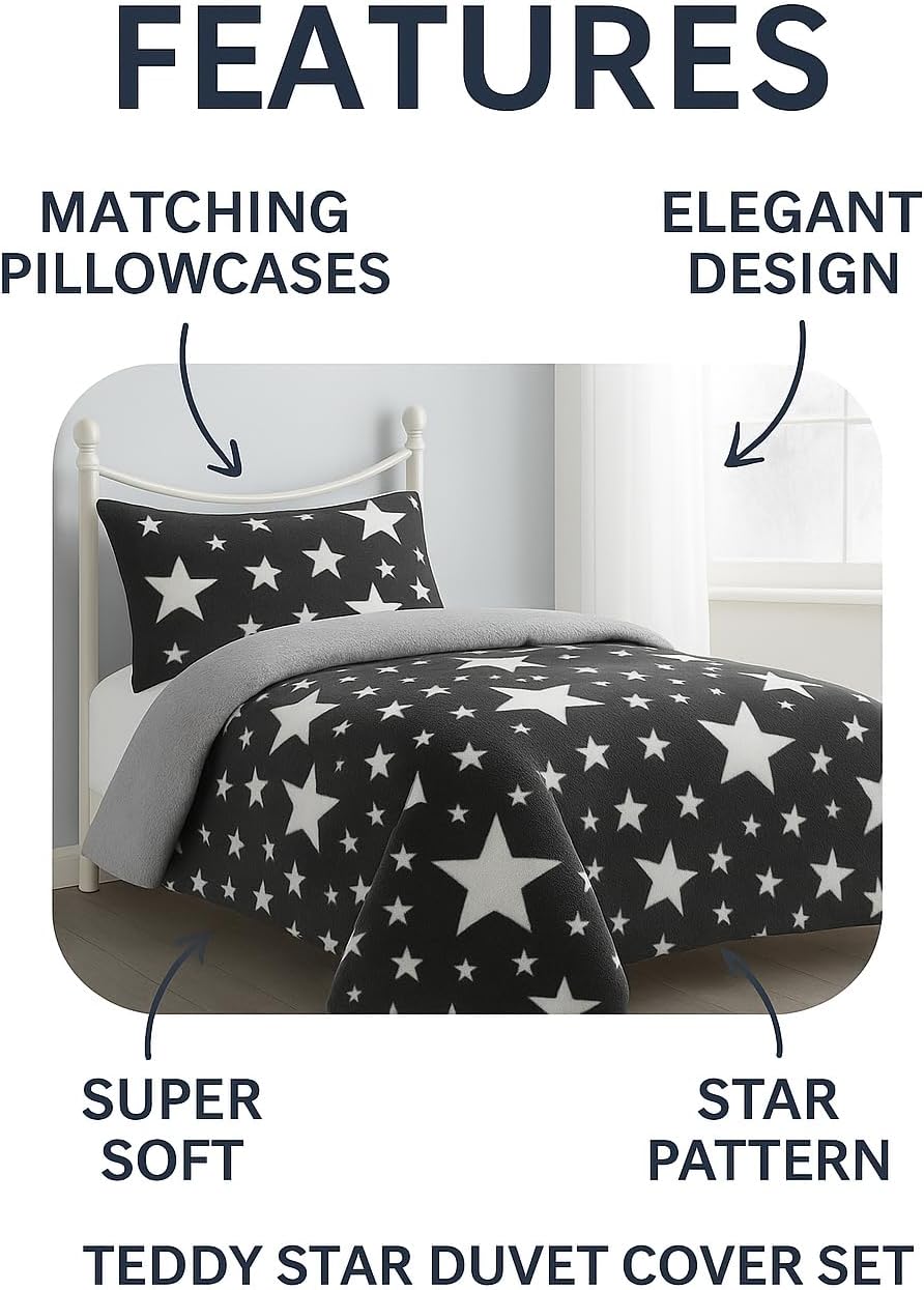 Teddy Star Fleece Duvet Cover Set – Soft Cosy Kids Teddy Bear Bedding | Night Zone