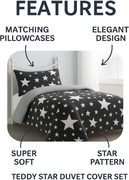 Teddy Star Fleece Duvet Cover Set – Soft Cosy Kids Teddy Bear Bedding | Night Zone