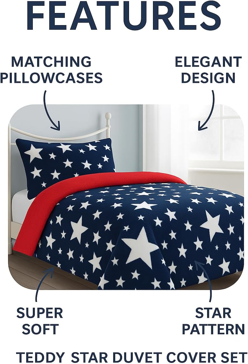 Teddy Star Fleece Duvet Cover Set – Soft Cosy Kids Teddy Bear Bedding | Night Zone