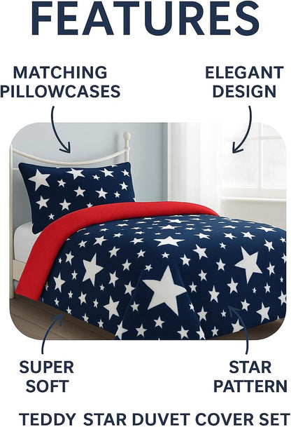Teddy Star Fleece Duvet Cover Set – Soft Cosy Kids Teddy Bear Bedding | Night Zone