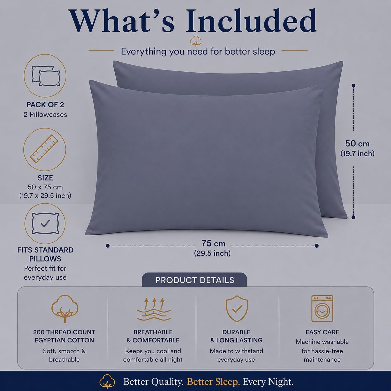 200 Thread Count Egyptian Cotton Pillowcases Pair – Hotel Quality Bedding | Night Zone